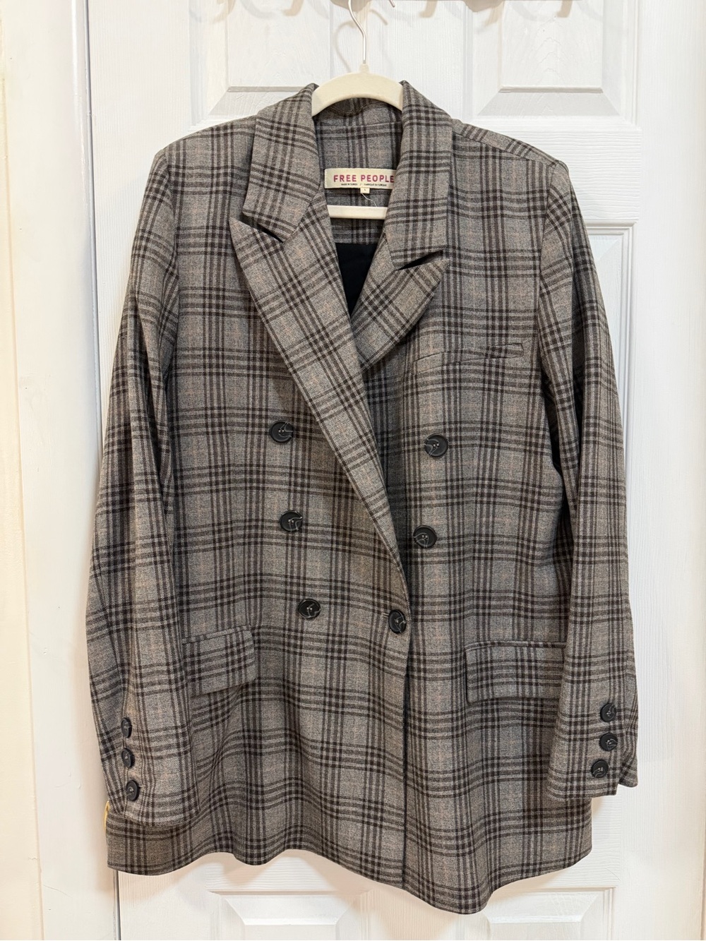 Free People Plaid Double-Breasted Gray Blazer